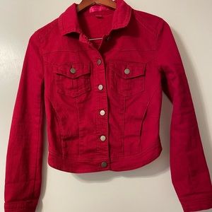 Red jean jacket has stretch